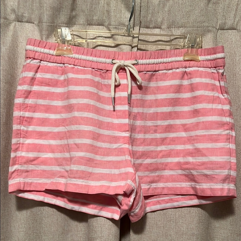 J Crew Small Pink White Striped Linen Cotton Pull On Drawstring Shorts Size 4